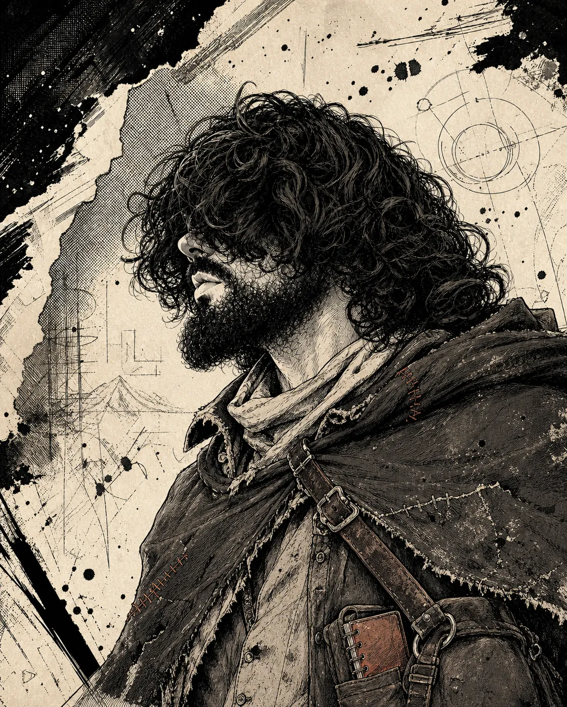 The Chronicler, a manga-style adventurer with enormous messy curls, a beard, and a weathered cape.