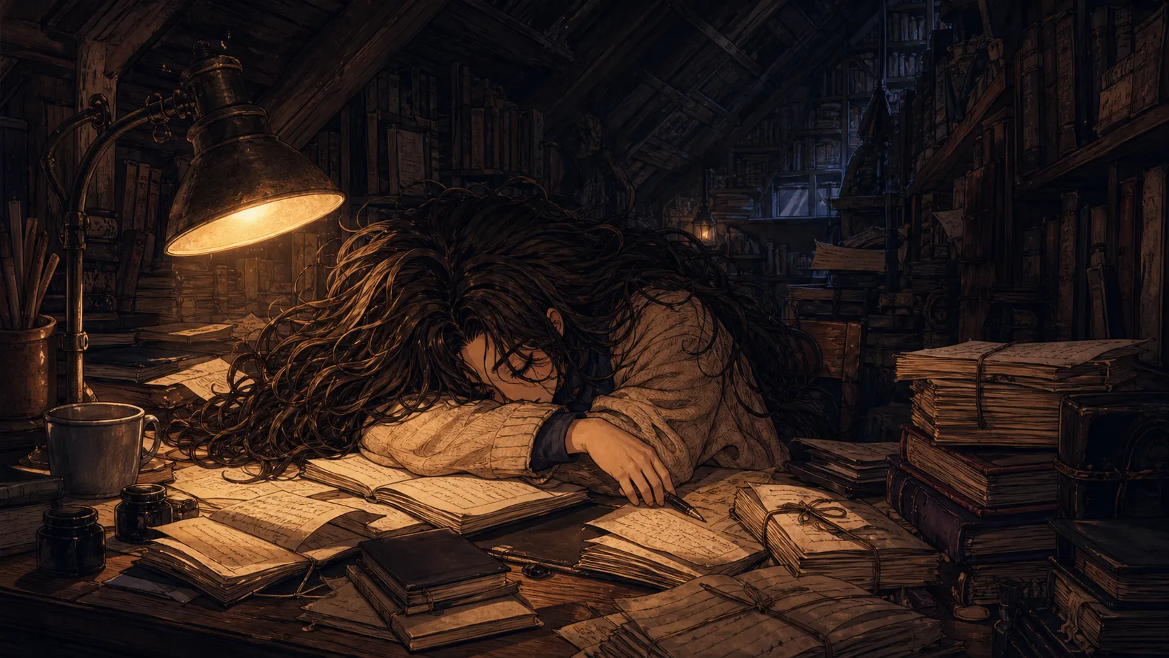 The Storykeeper asleep over her crowded writing desk beneath the rafters of a dark attic library.